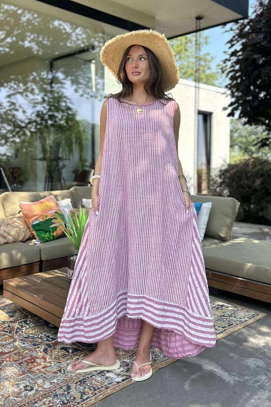  Marina Chalk Stripe Pocketed Sun Dress Indian Pink - 